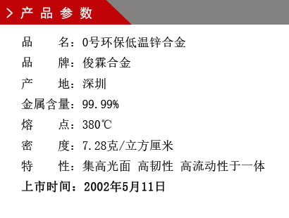 品 名：0號環(huán)保低溫鋅合金 品 牌：俊霖合金 產(chǎn) 地：深圳 金屬含量：99.99% 熔 點：380℃ 密 度：7.28克/立方厘米特 性：集高光面 高韌性 高流動性于一體 上市時間：2002年5月11日