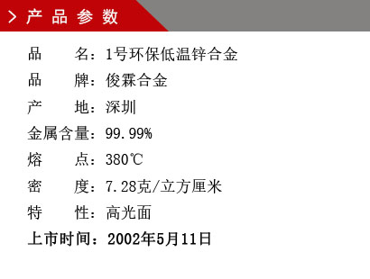 品 名：1號(hào)環(huán)保低溫鋅合金 品 牌：俊霖合金 產(chǎn) 地：深圳 金屬含量：99.99% 熔 點(diǎn)：380℃ 密 度：7.28克/立方厘米特 性：高光面 上市時(shí)間：2002年5月11日