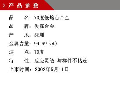 品 名：70度低熔點(diǎn)合金 品 牌：俊霖合金 產(chǎn) 地：深圳 金屬含量：99.99（%） 熔 點(diǎn)：70度特 性：反應(yīng)靈敏 與樣件不粘連 上市時間：2002年5月11日