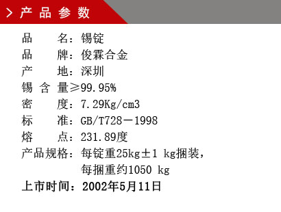 品 名：錫錠 品 牌：俊霖合金 產(chǎn) 地：深圳 錫 含 量≥99.95% 密 度：7.29Kg/cm3 標(biāo) 準(zhǔn)：GB/T728－1998 熔 點(diǎn)：231.89度產(chǎn)品規(guī)格：每錠重25kg±1 kg捆裝， 每捆重約1050 kg上市時(shí)間：2002年5月11日