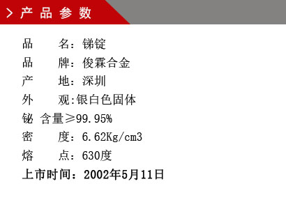 品 名：銻錠 品 牌：俊霖合金 產(chǎn) 地：深圳 外 觀:銀白色固體 鉍 含量≥99.95% 密 度：6.62Kg/cm3 熔 點(diǎn)：630度上市時(shí)間：2002年5月11日