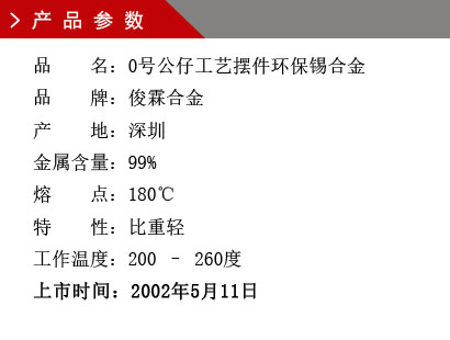 品 名:0號(hào)公仔工藝擺件環(huán)保錫合金 品 牌:俊霖合金 產(chǎn) 地:深圳 金屬含量:99% 熔 點(diǎn):180℃特 性:比重輕 不起泡 工作溫度:200 – 260度 上市時(shí)間:2002年5月11日 品 名:0號(hào)公仔工藝擺件環(huán)保錫合金 品 牌:俊霖合金 產(chǎn) 地:深圳 金屬含量:99% 熔 點(diǎn):180℃特 性:比重輕 不起泡 工作溫度:200 – 260度 上市時(shí)間:2002年5月11日